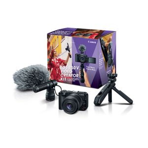 Canon EOS R50 V Mirrorless Camera with Video Creator Kit bundle showing camera body, grip, and microphone