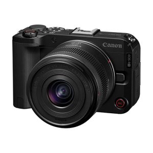 Canon EOS R50 V Mirrorless Camera with Video Creator Kit bundle showing camera body, grip, and microphone